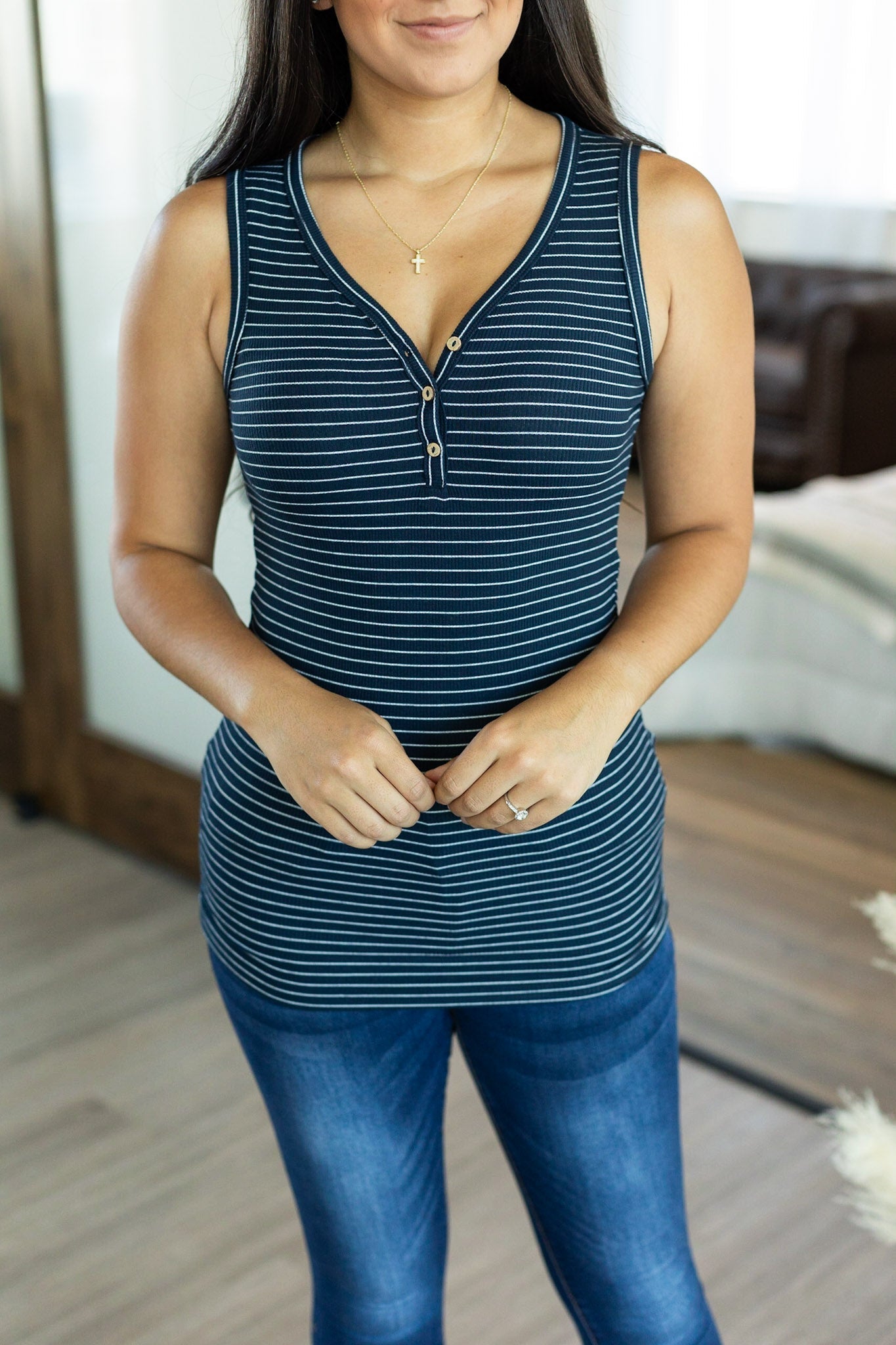 Addison Henley Tank - Navy w/ White Stripe