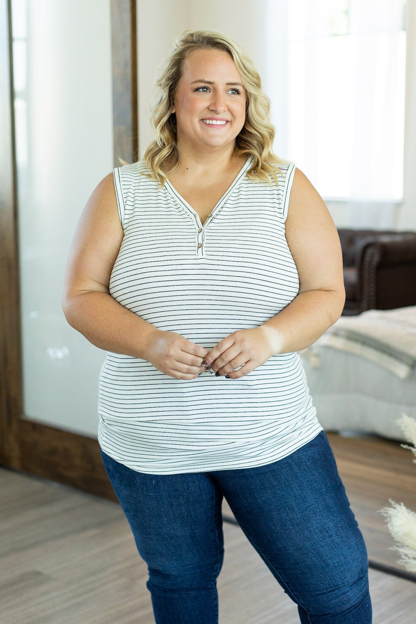 Addison Henley Tank - Ivory and Black Stripes