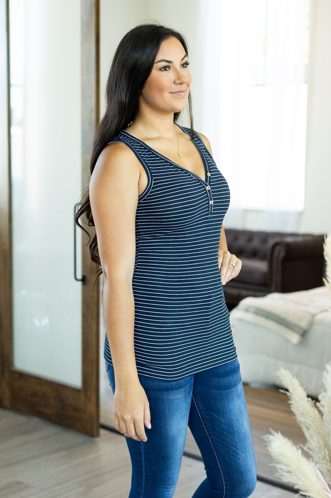 Addison Henley Tank - Navy w/ White Stripe