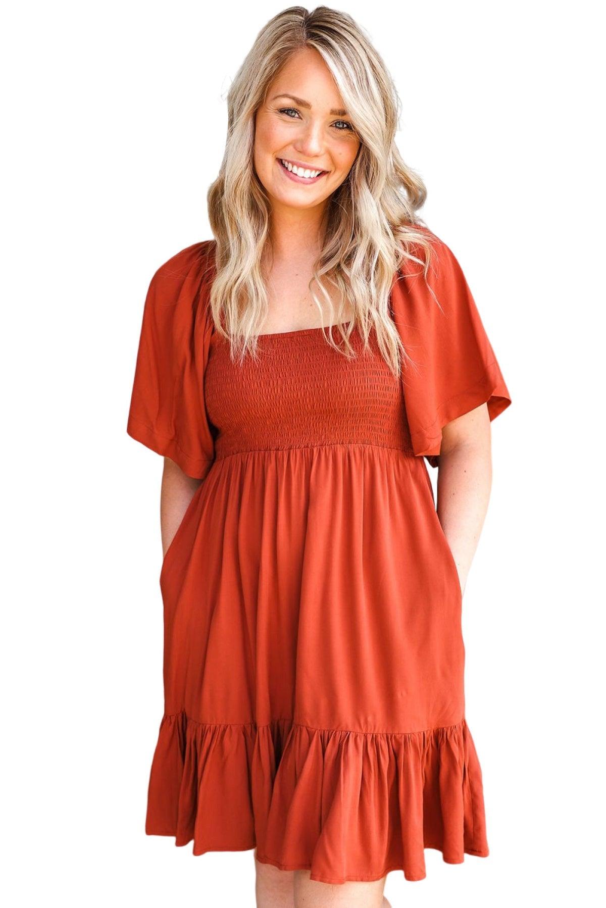 Smocked High Waist Pocketed Ruffle Mini Dress