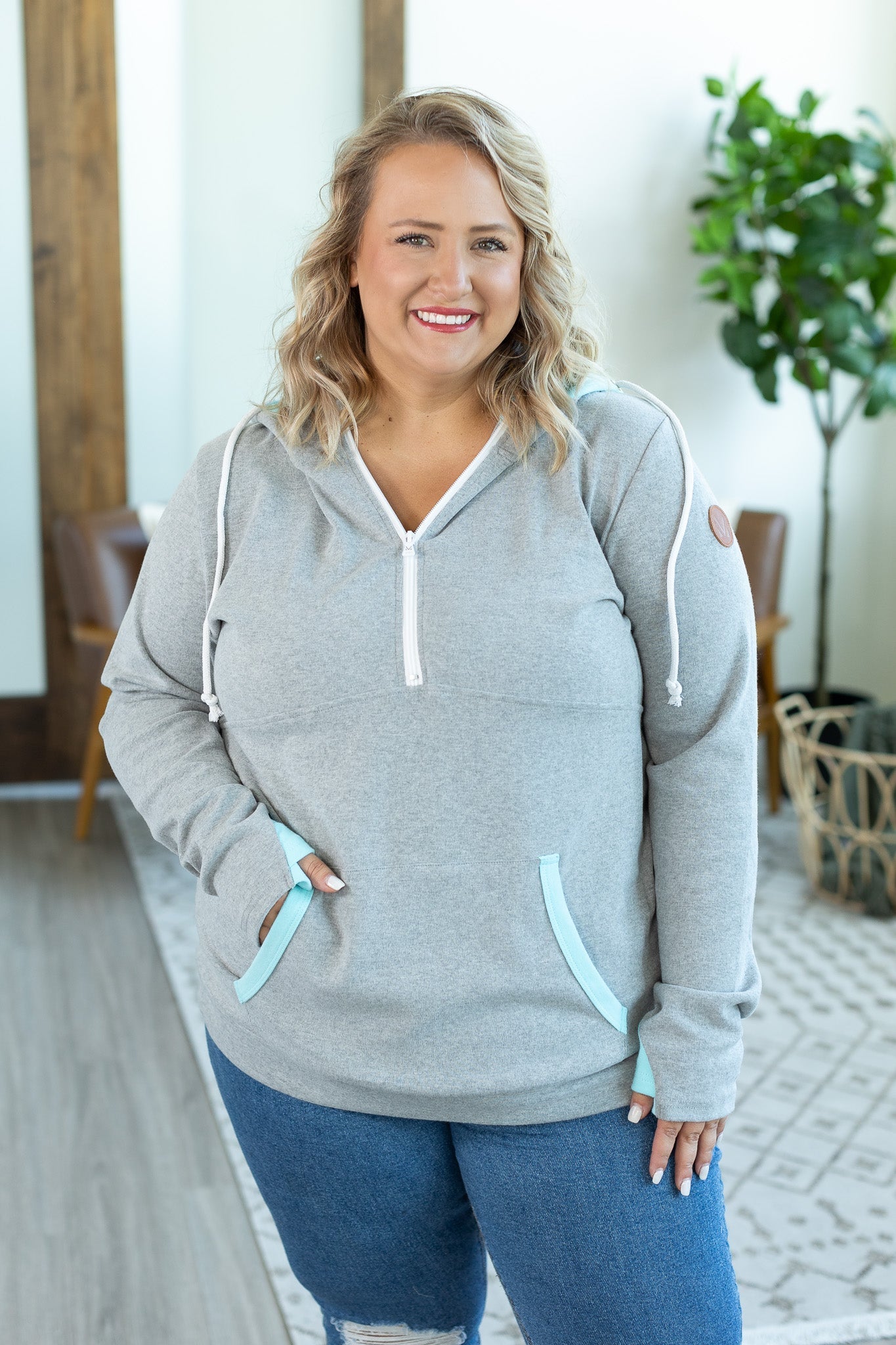 Avery Accent HalfZip Hoodie - Grey and Aqua