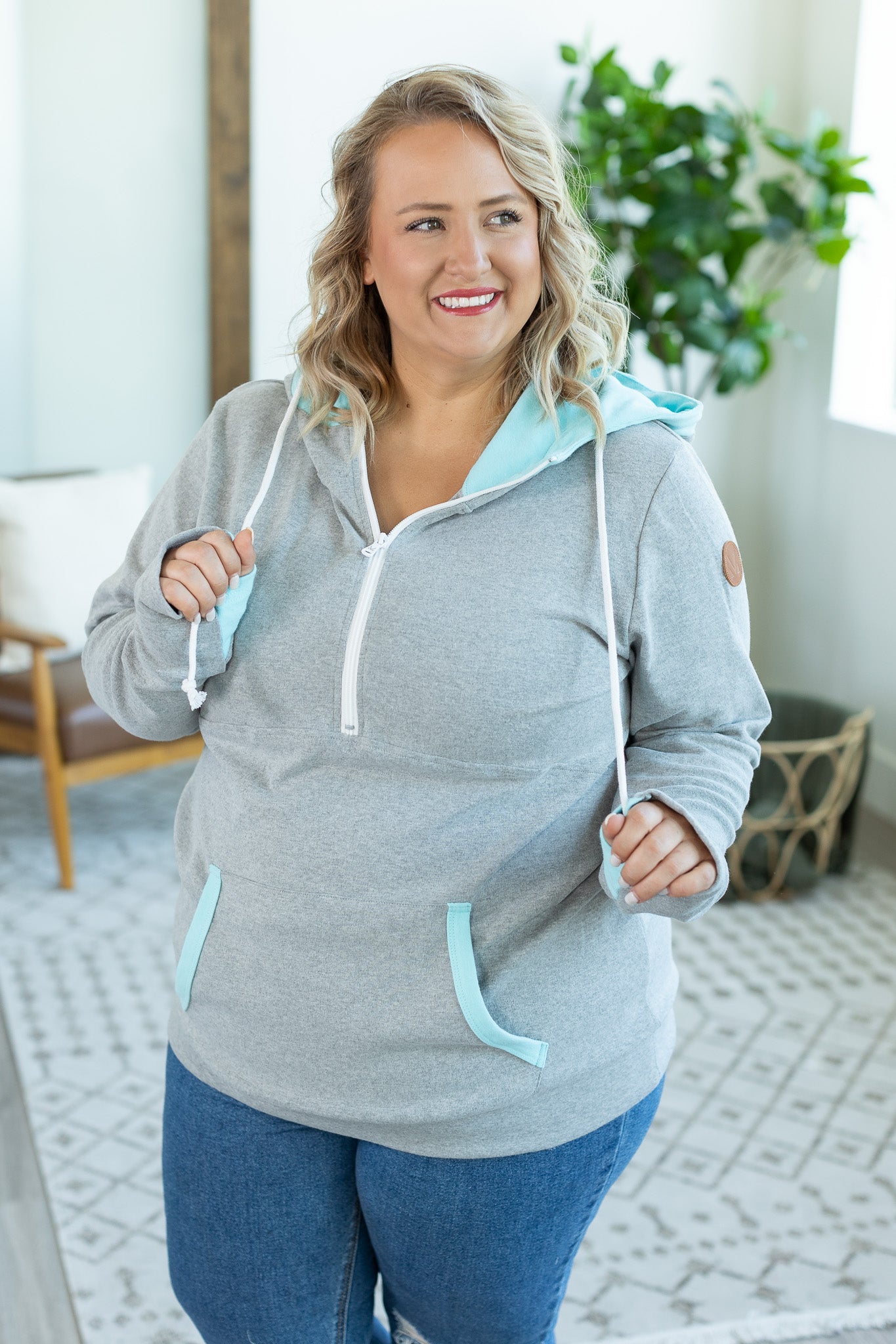 Avery Accent HalfZip Hoodie - Grey and Aqua