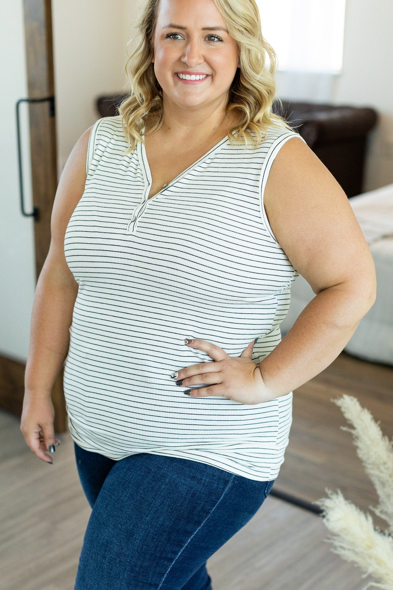 Addison Henley Tank - Ivory and Black Stripes