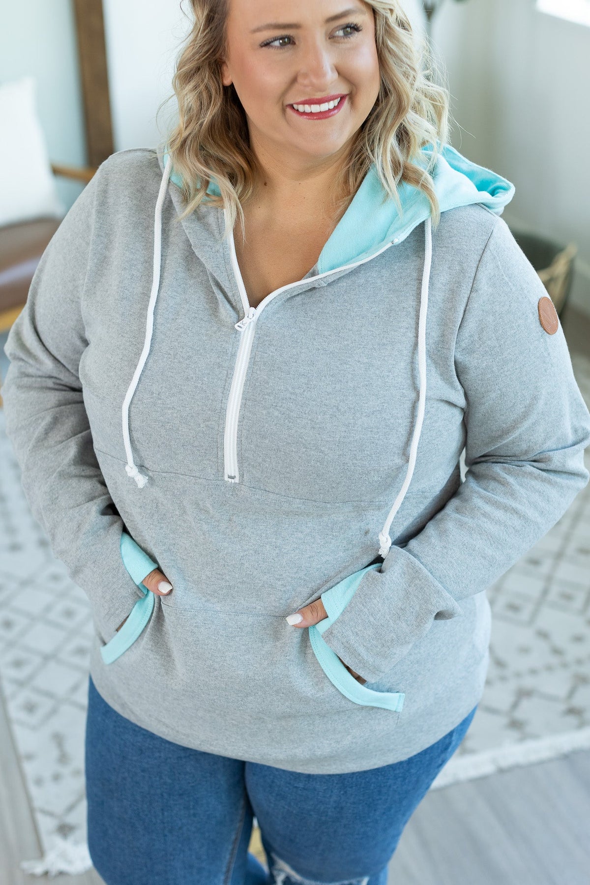 Avery Accent HalfZip Hoodie - Grey and Aqua