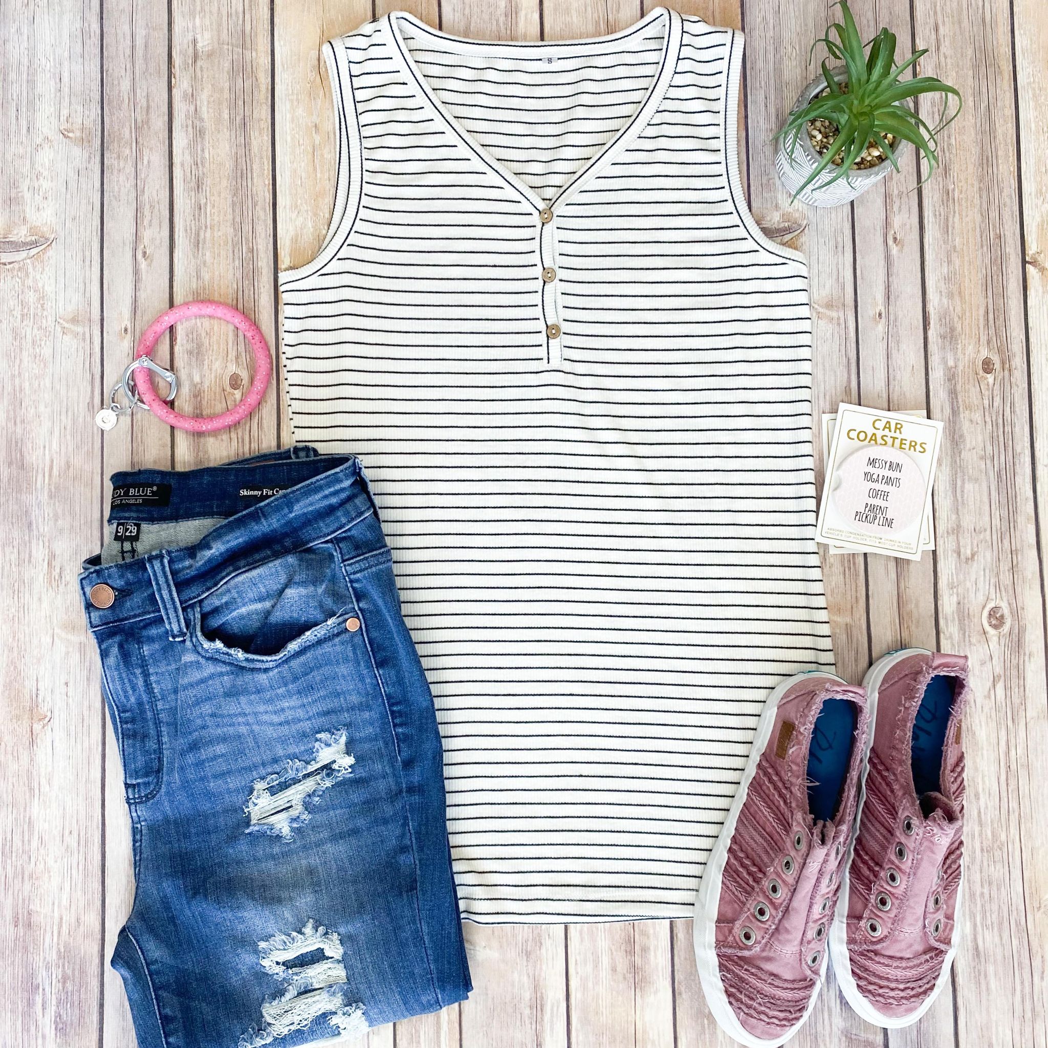 Addison Henley Tank - Ivory and Black Stripes