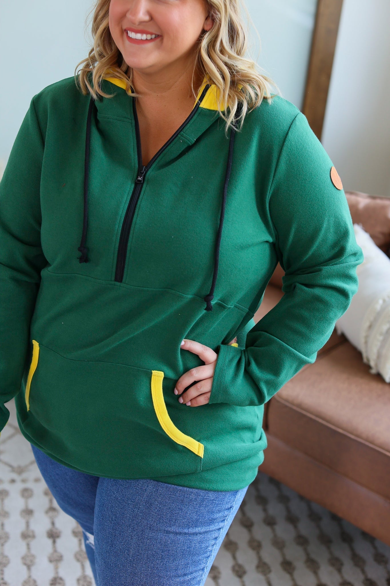 Avery Accent HalfZip Hoodie - Green and Yellow