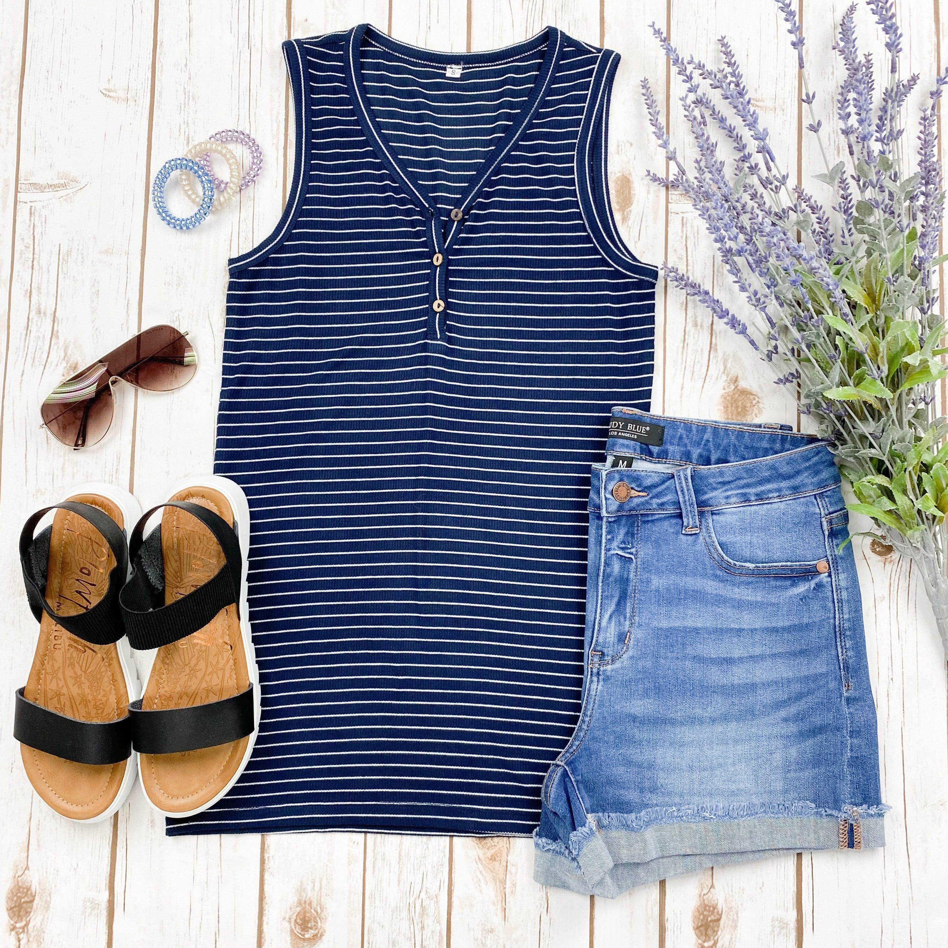 Addison Henley Tank - Navy w/ White Stripe