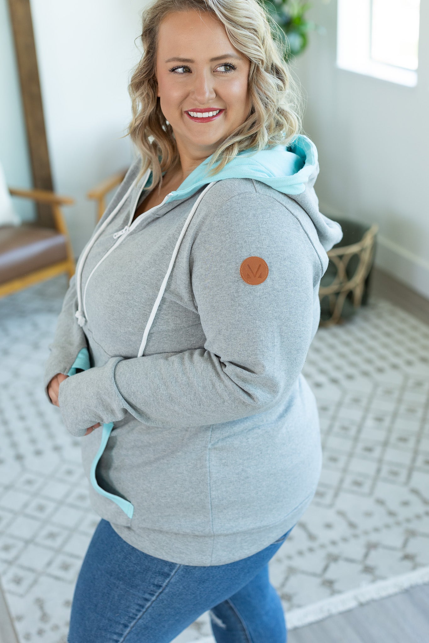 Avery Accent HalfZip Hoodie - Grey and Aqua