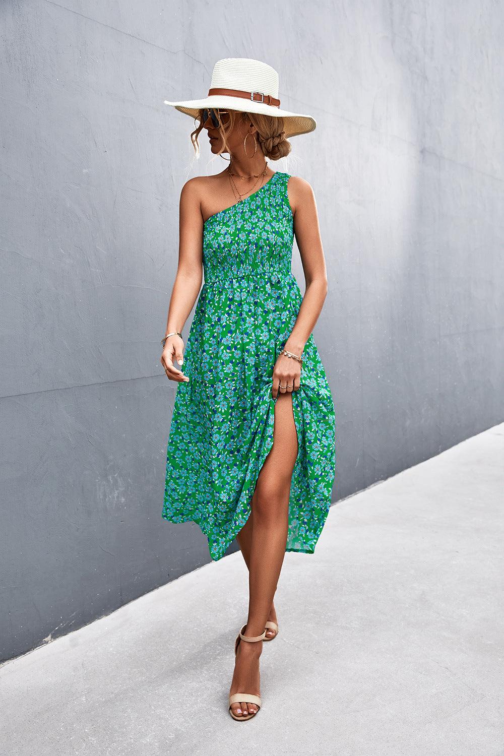 Floral Smocked One-Shoulder Midi Dress