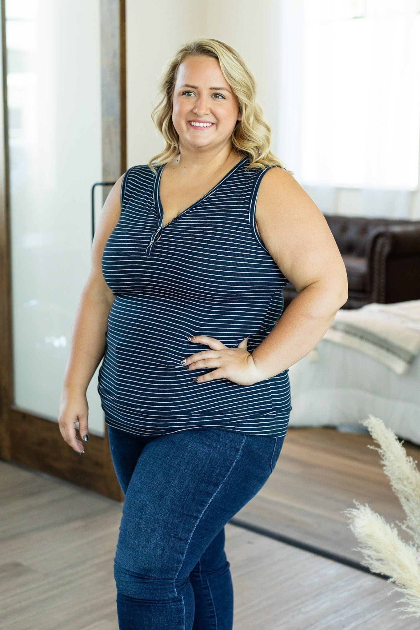 Addison Henley Tank - Navy w/ White Stripe