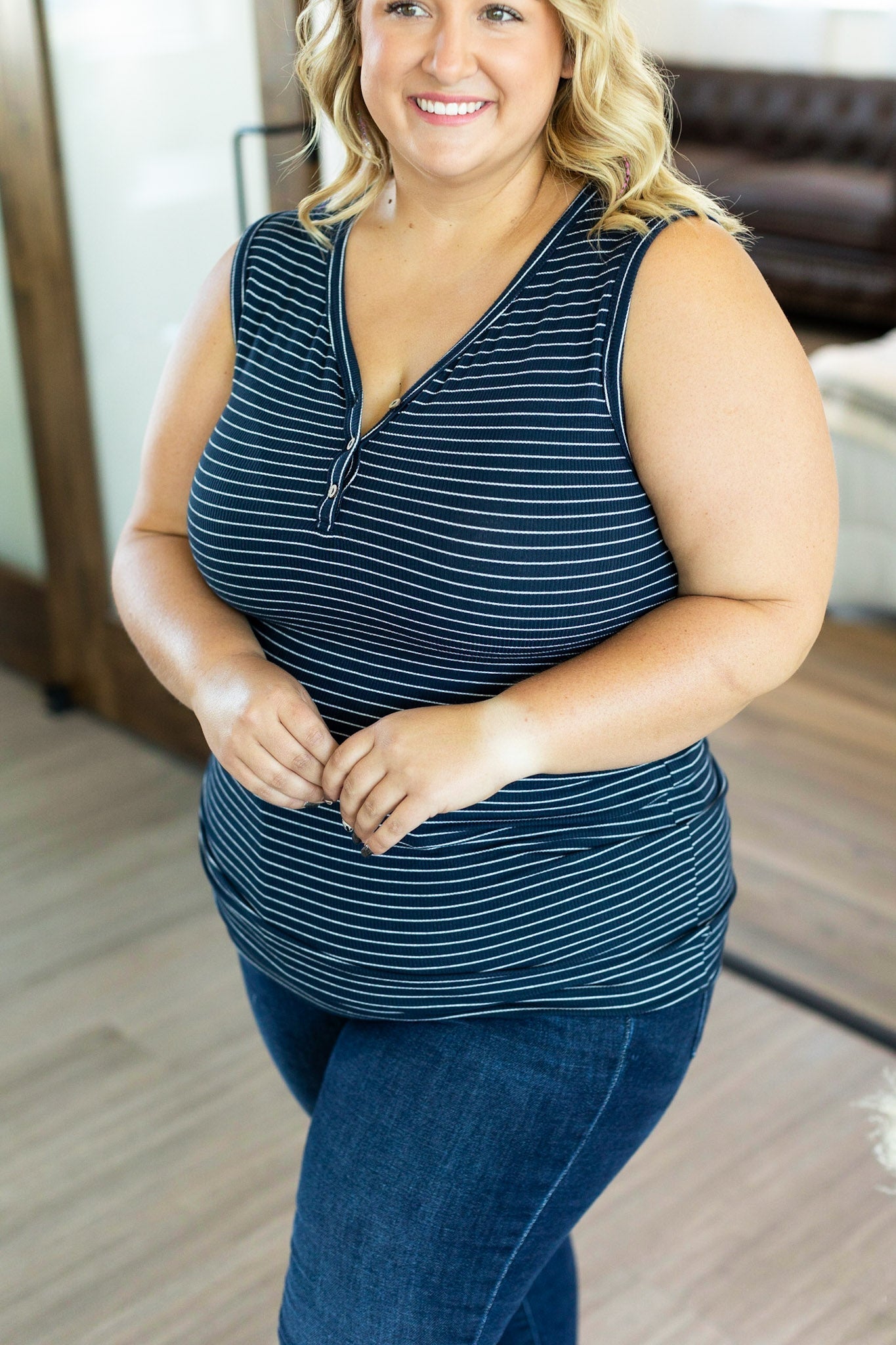 Addison Henley Tank - Navy w/ White Stripe