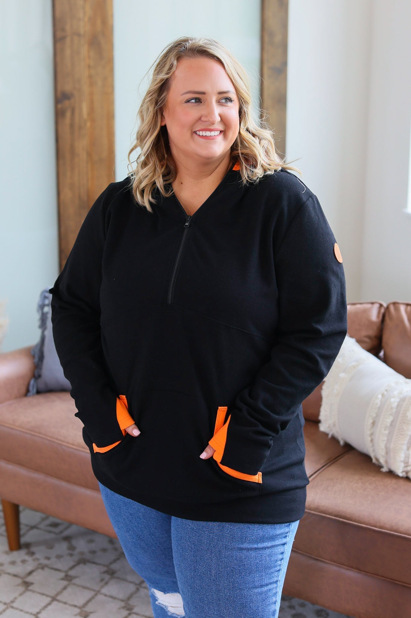 Avery Accent HalfZip Hoodie - Black and Orange