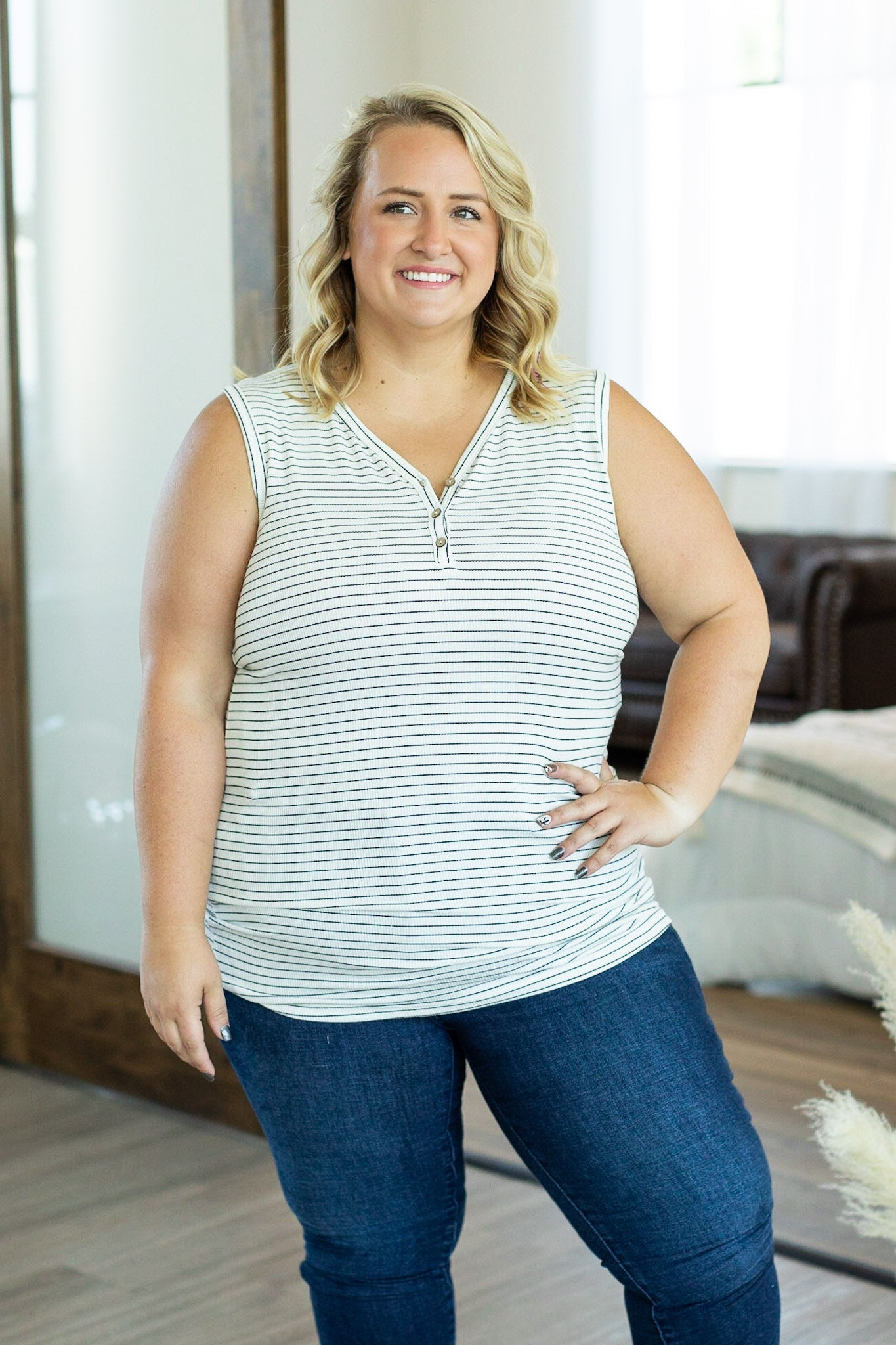 Addison Henley Tank - Ivory and Black Stripes