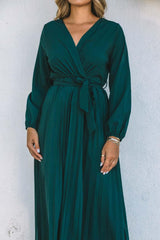 Belted Surplice Balloon Sleeve Pleated Dress