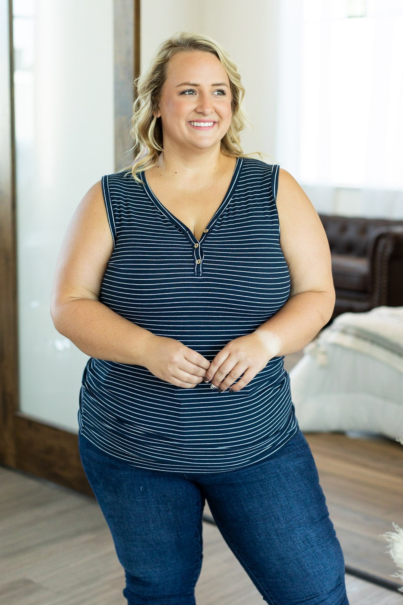 Addison Henley Tank - Navy w/ White Stripe