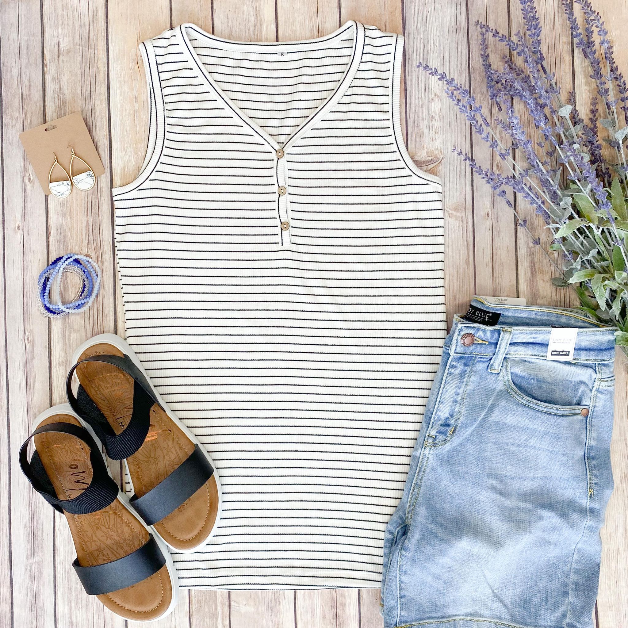 Addison Henley Tank - Ivory and Black Stripes