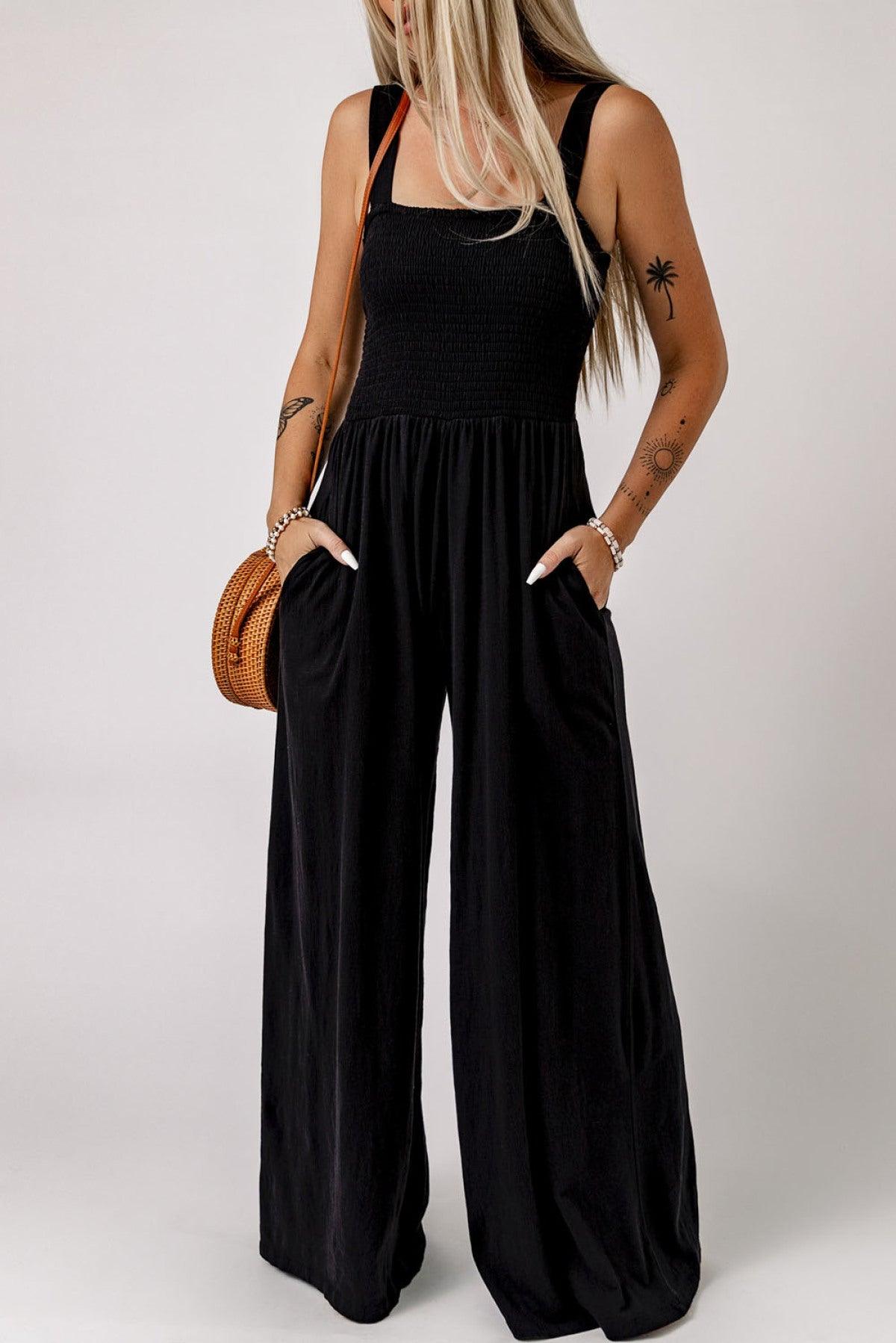 Smocked Sleeveless Wide Leg Jumpsuit With Pockets