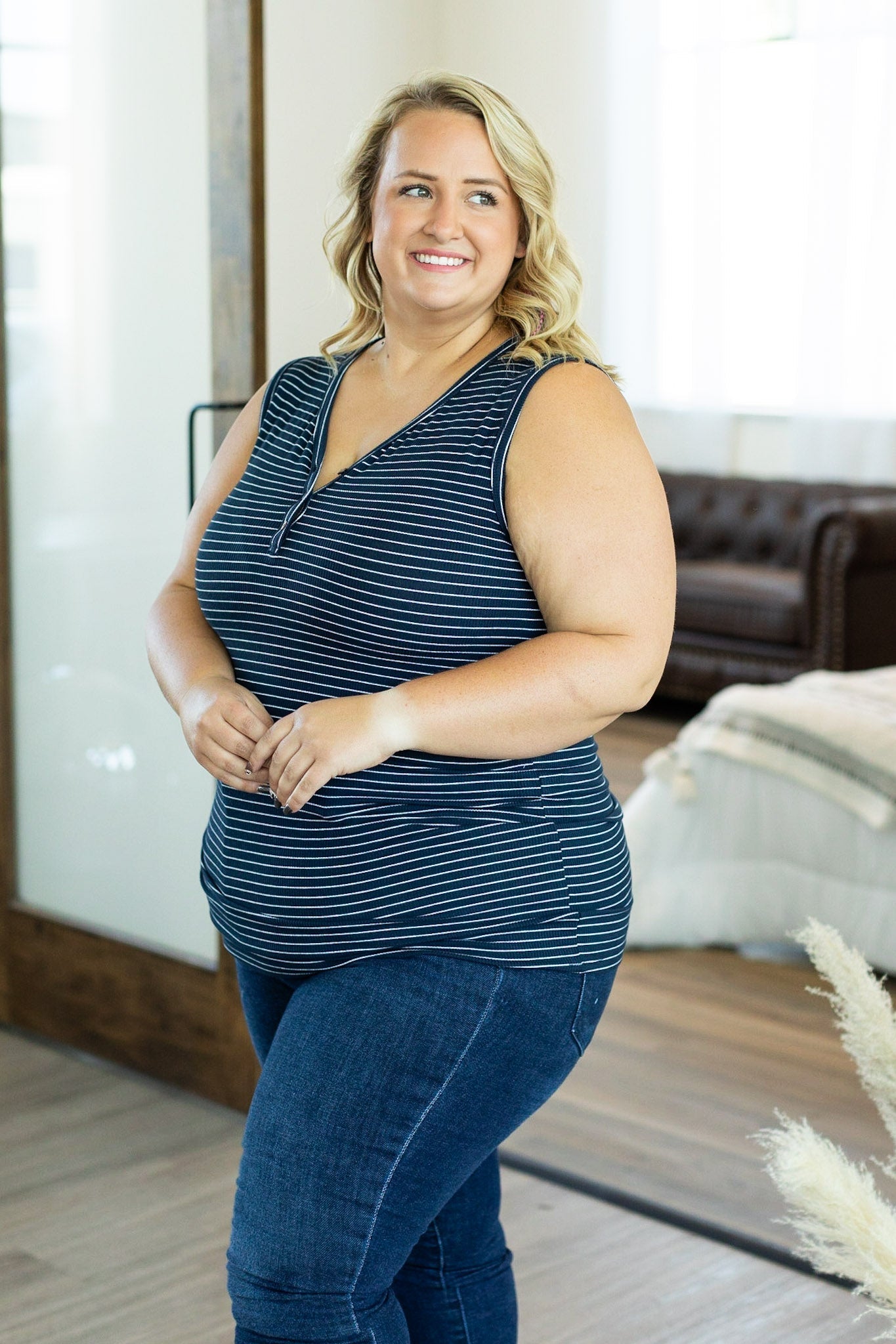 Addison Henley Tank - Navy w/ White Stripe