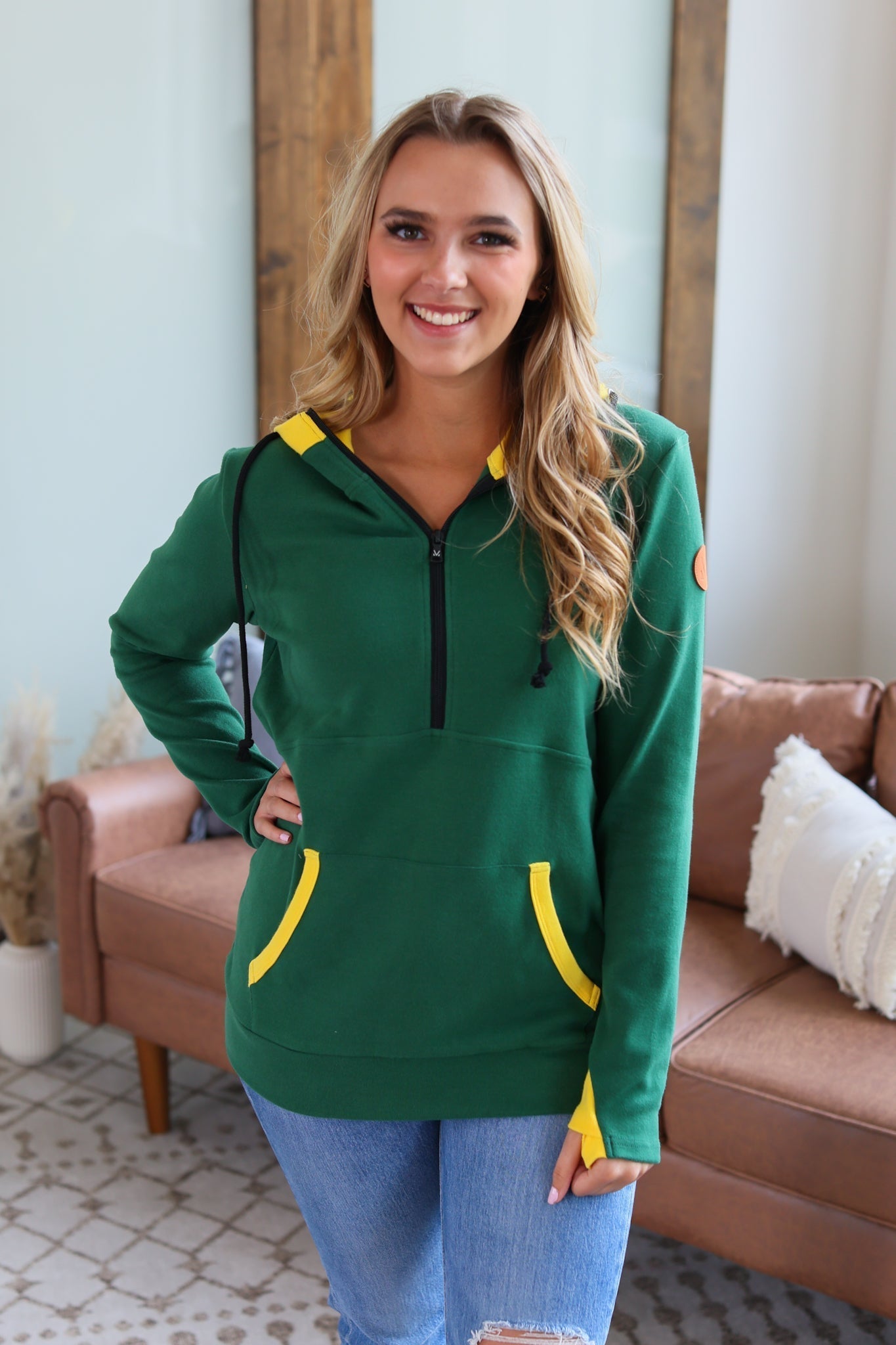 Avery Accent HalfZip Hoodie - Green and Yellow