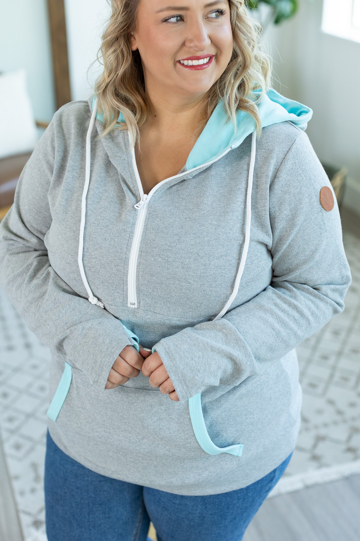 Avery Accent HalfZip Hoodie - Grey and Aqua