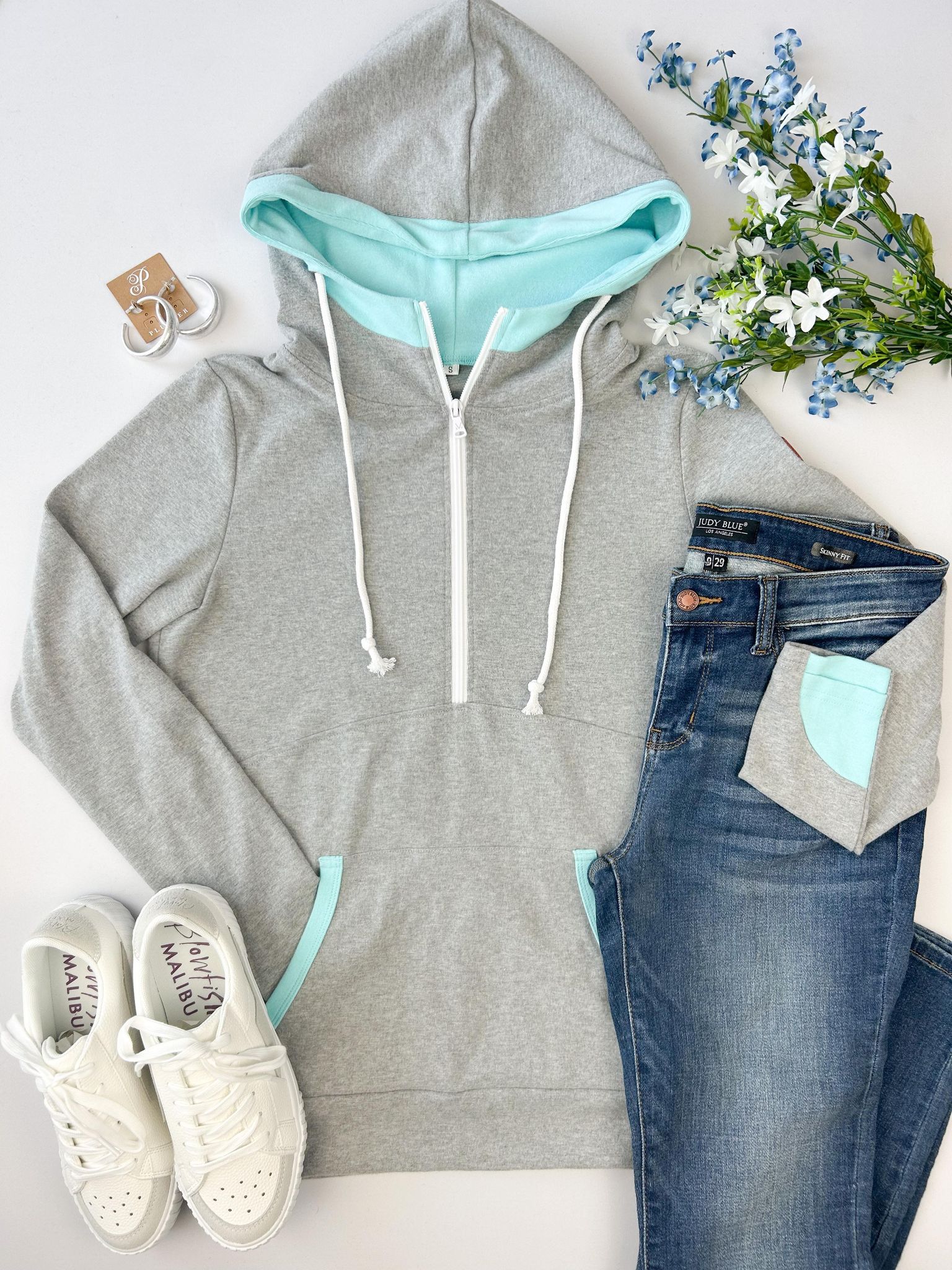 Avery Accent HalfZip Hoodie - Grey and Aqua