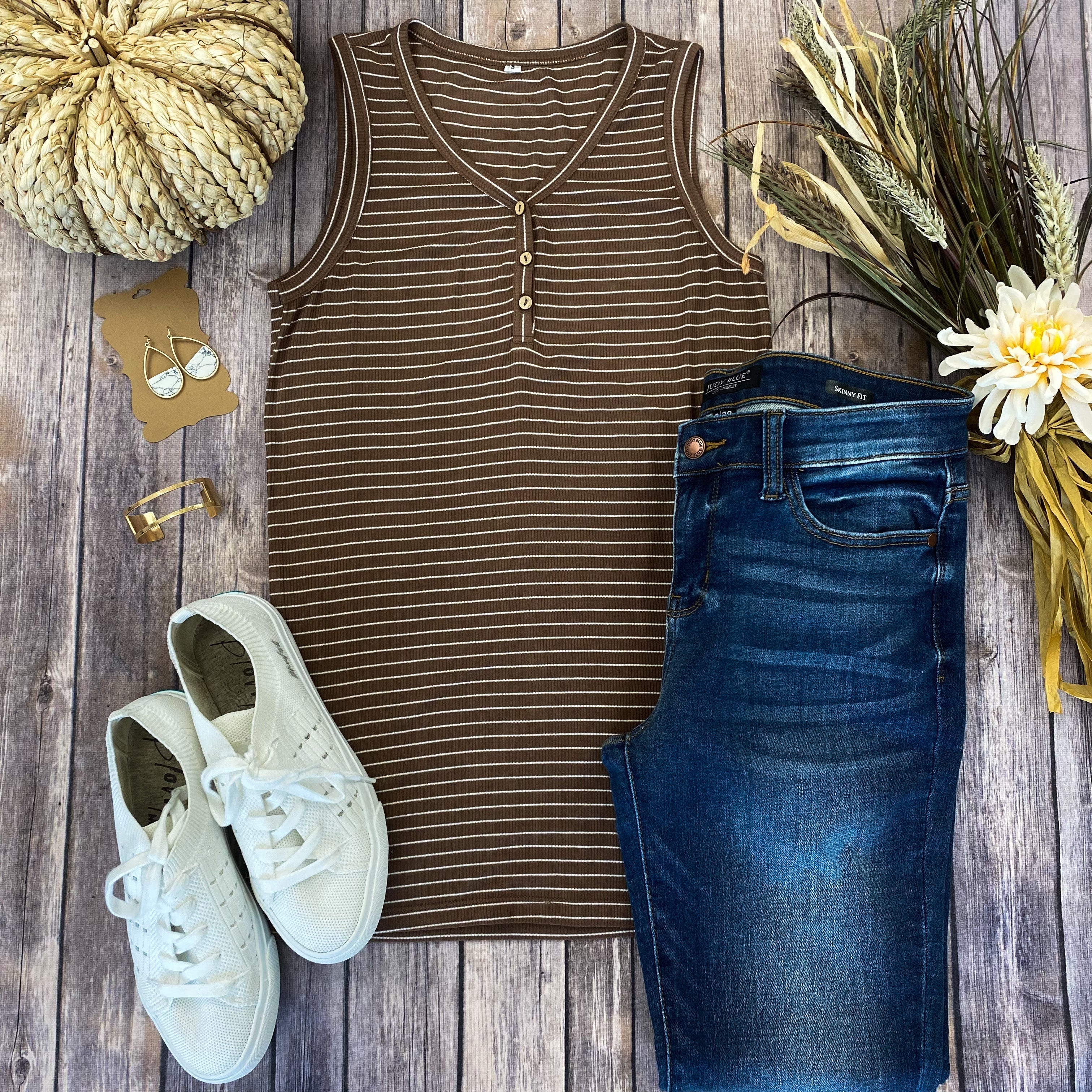 Addison Henley Tank - Brown w/ White Stripes