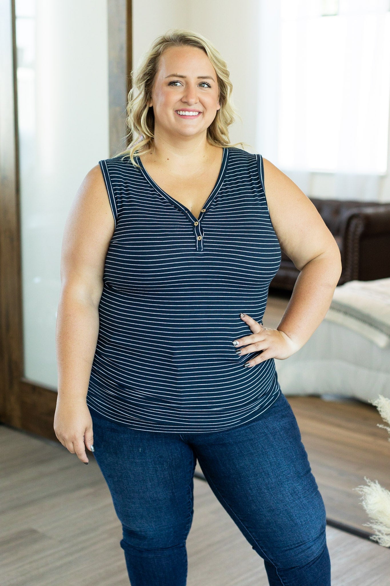 Addison Henley Tank - Navy w/ White Stripe