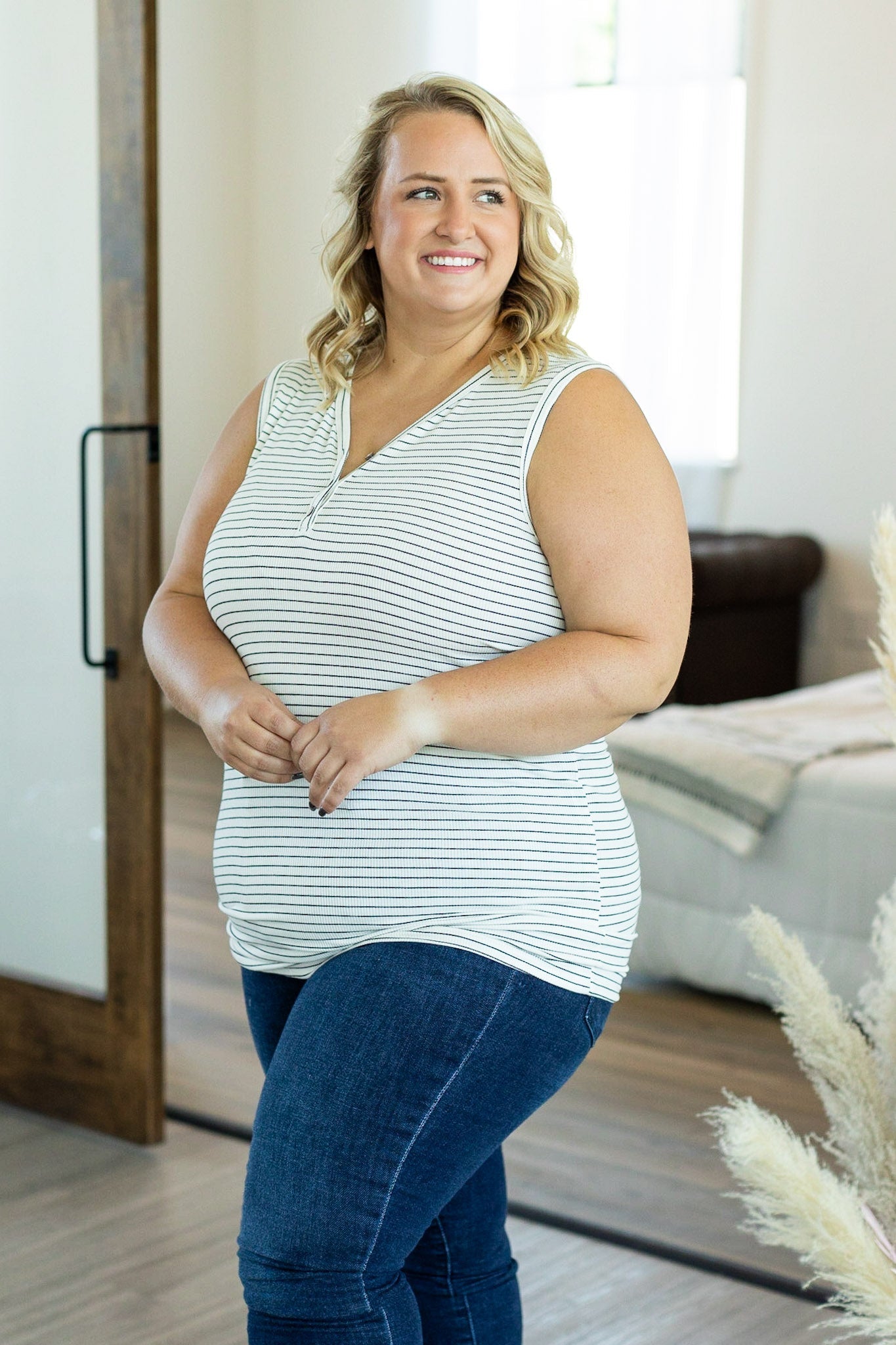 Addison Henley Tank - Ivory and Black Stripes