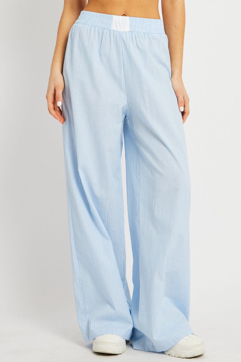 Blue Stripe Wide Leg Pants High Rise