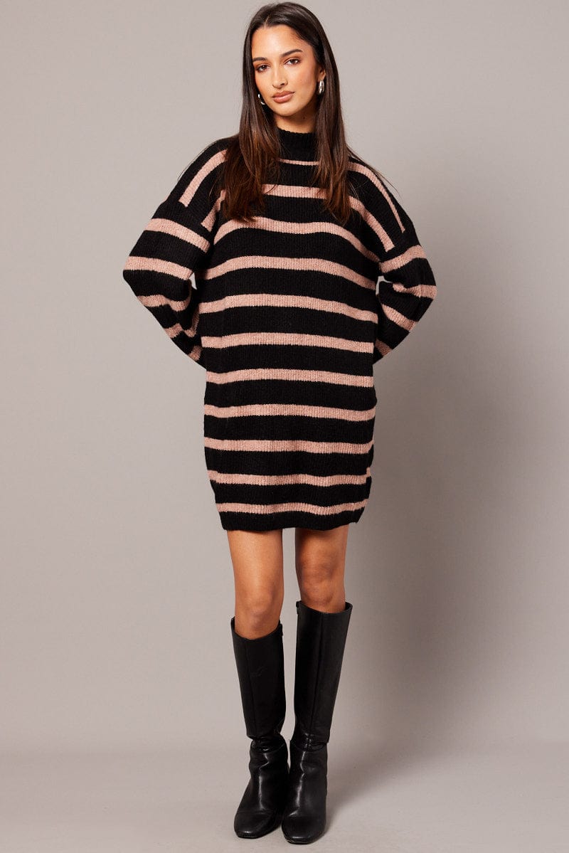 Beige Stripe Knit Jumper Dress Mini