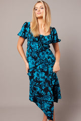 Blue Floral Midi Dress Short Sleeve Ruched Bust