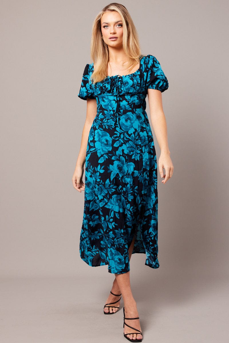 Blue Floral Midi Dress Short Sleeve Ruched Bust