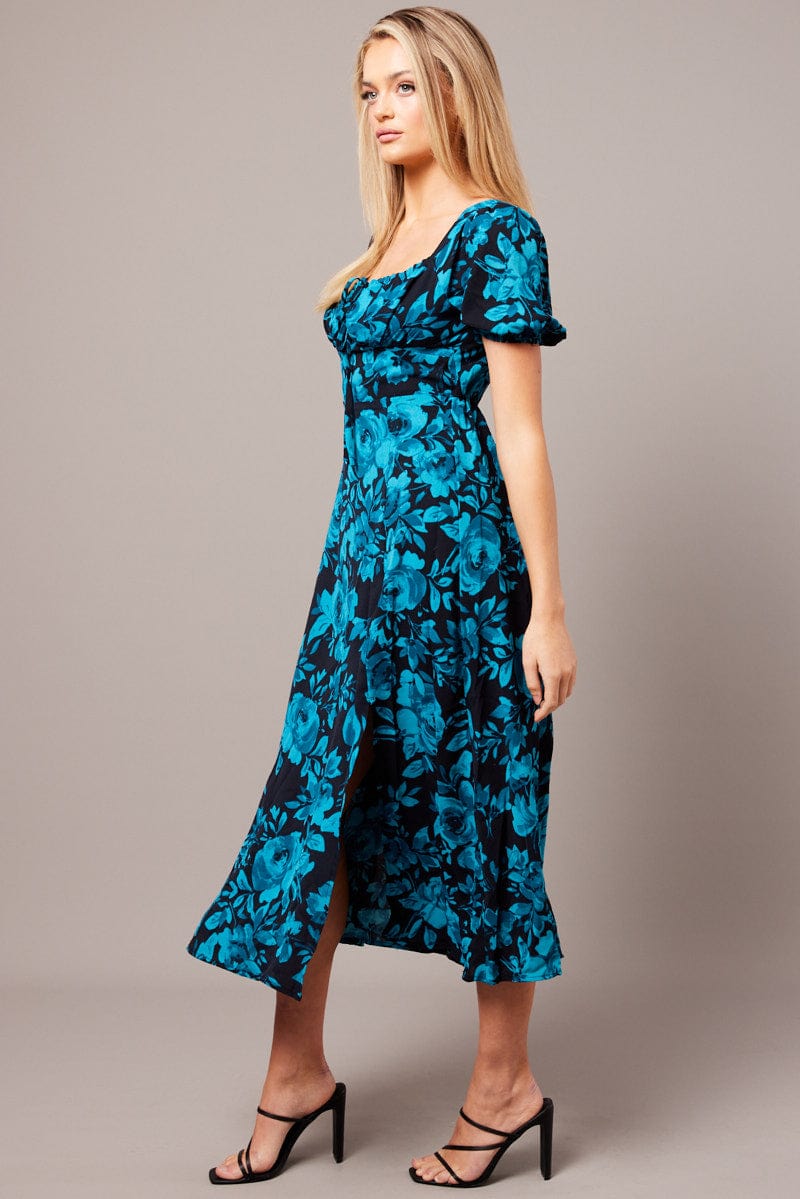 Blue Floral Midi Dress Short Sleeve Ruched Bust