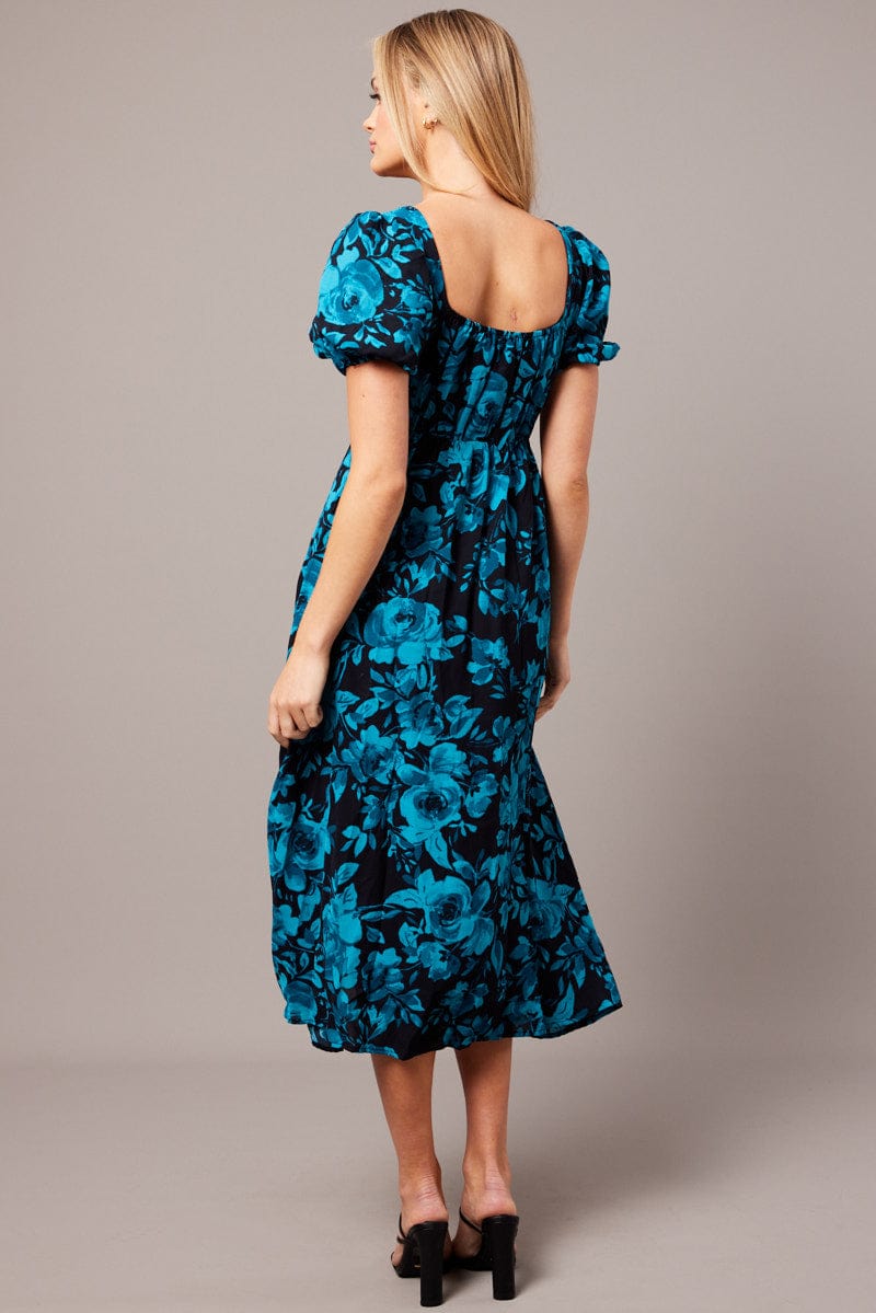 Blue Floral Midi Dress Short Sleeve Ruched Bust