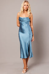 Blue Satin Dress Cocktail Split Side Strappy