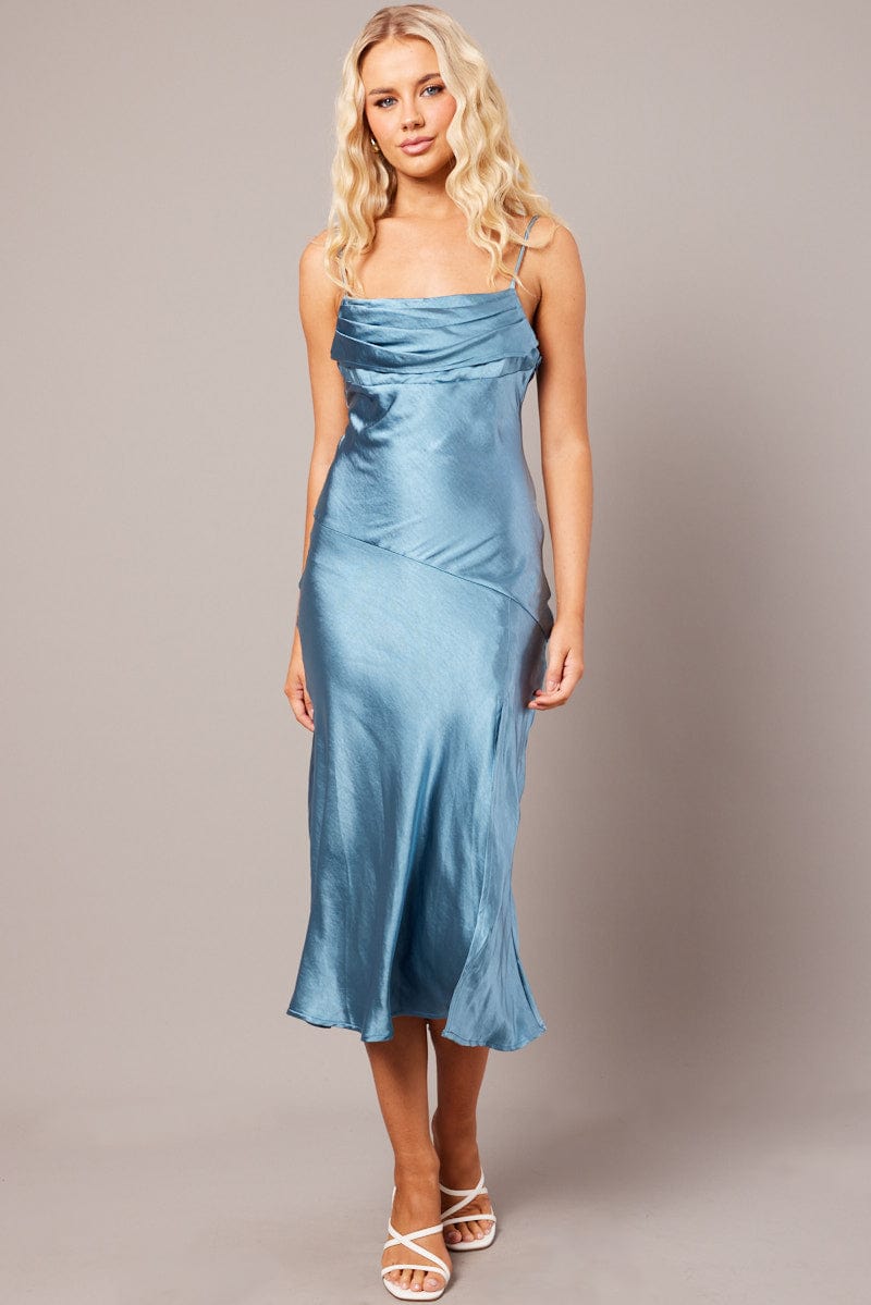 Blue Satin Dress Cocktail Split Side Strappy