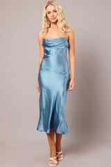 Blue Satin Dress Cocktail Split Side Strappy