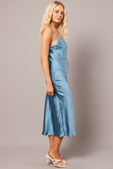 Blue Satin Dress Cocktail Split Side Strappy