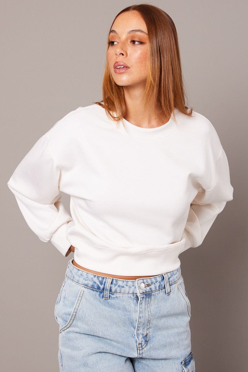 White Crop Sweater Long Sleeve Oversized