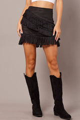 Black Tassle Skirt Tiered Fringing Mini Skirt