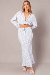 Blue Abstract Slip Skirt Maxi Drawstring Waist