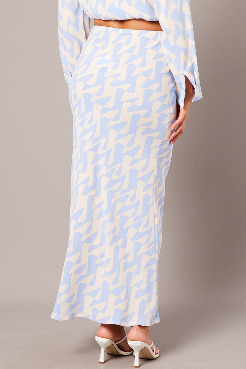 Blue Abstract Slip Skirt Maxi Drawstring Waist