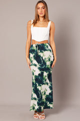 Green Abstract Slip Skirt Maxi Drawstring Waist