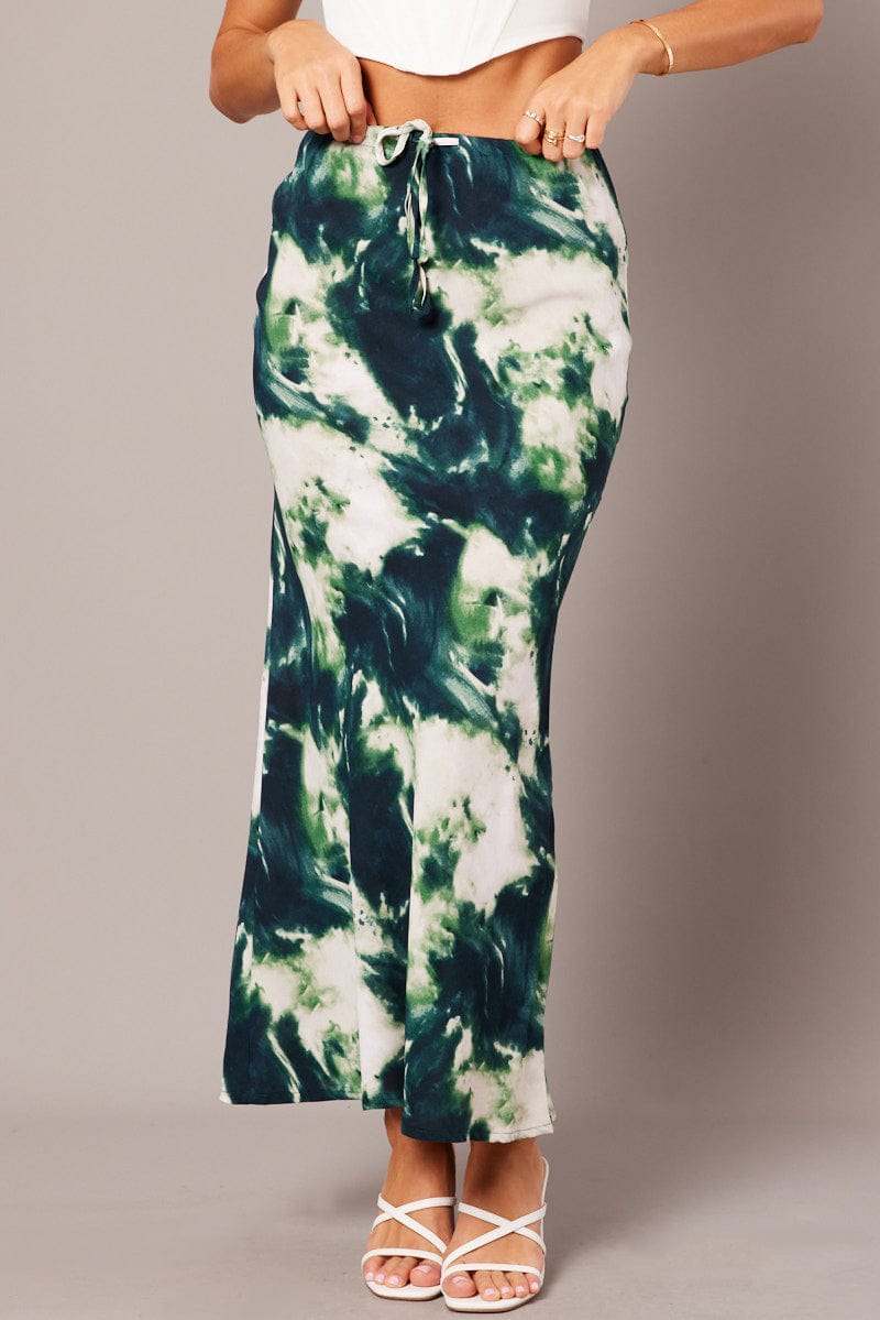 Green Abstract Slip Skirt Maxi Drawstring Waist