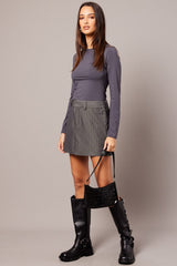 Grey Stripe Mini Skirt Mid Rise